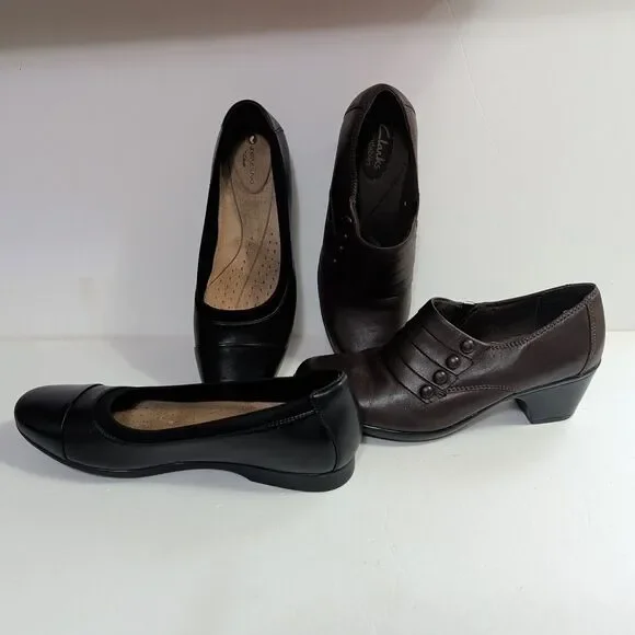 (2) Pair of Clarks,Bendables Women Brown Leather Slip 7M, Black Unstructured 7.5 - Picture 3 of 16